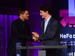 Trevor Noah, host of "The Daily Show," introduces Prime Minister Justin Trudeau on the occasion of the second anniversary of "He for She" in New York on Sept. 20, 2016.