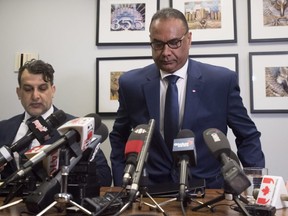 Jaspal Atwal, right, arrives with his lawyer Rishi T. Gill for a news conference in downtown Vancouver, on Thursday, March, 8, 2018.