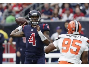 Houston Texans quarterback Deshaun Watson (4) throws against the Cleveland Browns during the first half of an NFL football game, Sunday, Dec. 2, 2018, in Houston.