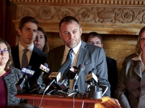Wisconsin Minority Leader Gordon Hintz holds a press conference in the Assembly chambers, Tuesday Dec. 4, 2018 at the Capitol in Madison. The Senate and Assembly are set to send dozens of changes in state law to Gov. Scott Walker's desk.