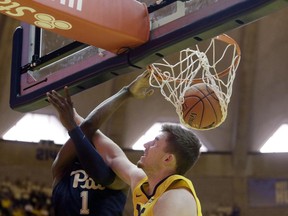 Pittsburgh guard Xavier Johnson (1) dunks over West Virginia forward Logan Routt (31) during the first half of an NCAA college basketball game Saturday, Dec. 8, 2018, in Morgantown, W.Va.