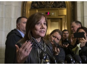 General Motors CEO Mary Barra speaks to reporters after a meeting with Sen. Sherrod Brown, D-Ohio, and Sen. Rob Portman, R-Ohio, to discuss GM's announcement it would stop making the Chevy Cruze at its Lordstown, Ohio, plant, part of a massive restructuring for the Detroit-based automaker, on Capitol Hill in Washington, Wednesday, Dec. 5, 2018. General Motors is fighting to retain a valuable tax credit for electric vehicles as the nation's largest automaker grapples with the political fallout triggered by its plans to shutter several U.S. factories and shed thousands of workers.