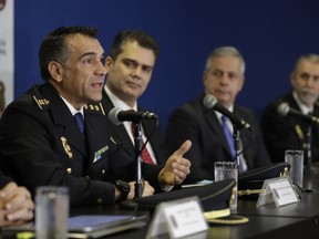 Spanish Police Commissioner Marcos Frias Barbens speaks during a news conference regarding the arrest of Carlos Garcia Julia, at Federal Police headquarters in Sao Paulo, Brazil, Friday, Dec. 7, 2018. Garcia Julia, convicted for the 1977 killing of five people in a Madrid trade union office, was arrested Thursday as he was walked down a street in a Sao Paulo middle-class neighborhood.