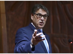 U. S. Energy Secretary Rick Perry speaks at a press conference during a U.S. chamber of commerce's U.S. Iraq business initiative business mission to Iraq, in Baghdad, Iraq, Tuesday, Dec. 11, 2018.