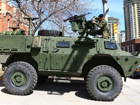 A Tactical Armoured Patrol Vehicle on display in front of Mewata Armoury in downtown Calgary on Sunday, April 22, 2018.
