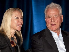 Frank Stronach, right, and Belinda Stronach chat at the Magna International Inc. annual general meeting in Markham, Ont., on May 6, 2010.