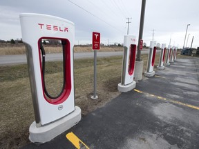 A Tesla charging station in Coburg, Ontario, Monday April 3, 2017.