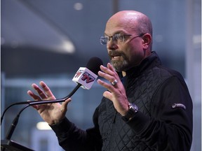 Edmonton Oilers President of Hockey Operations and GM Peter Chiarelli speaks to the media about the team's free agency signings, during a press conference at Rogers Place in Edmonton Sunday July 1, 2018.