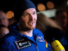 German astronaut Alexander Gerst of the European Space Agency gives a press statement as he arrived at the airport in Cologne, western Germany, on December 20, 2018, on the day he landed onboard the Soyuz MS-09 capsule in Kazakhstan.