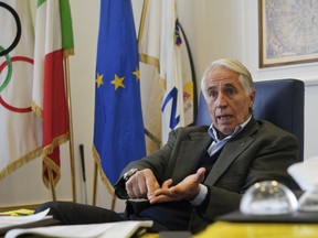 President of the Italian National Olympic Committee, CONI, Giovanni Malago' talks during an interview with The Associated Press, in Rome, Friday, Jan. 11, 2019. With soaring costs, declining interest and a general lack of bids _ especially for the Winter Games _ the Milan-Cortina candidacy takes advantage of the more flexible rules provided by Agenda 2020.