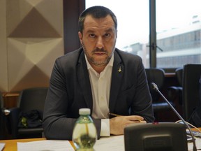 Italian Interior Minister and deputy Premier Matteo Salvini attends a meeting on violence during soccer matches, in Rome, Monday, Jan. 7, 2019. The meeting was scheduled  following the death of a Inter Milan fan during clashes with Napoli supporters outside San Siro Stadium ahead of a Serie A game on Wednesday, Dec. 26, 2018.
