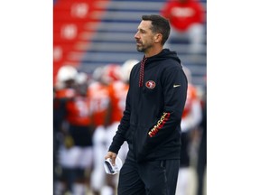 South head coach Kyle Shanahan of the San Francisco 49ers walks the field during practice for Saturday's Senior Bowl college football game, Tuesday, Jan. 22, 2019, in Mobile, Ala.