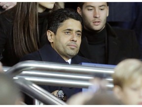 FILE  - In this Friday, Oct. 27, 2017 file photo, Paris Saint Germain's President Nasser Al-Khelaifi attends the French League One soccer match Paris-Saint-Germain against Nice at Parc des Princes stadium in Paris, France. Al-Khelaifi is set to join UEFA on its ruling executive committee shaping European soccer. The European Club Association says its board elected the Qatari to be one of its two delegates on the policy-making UEFA panel it was reported on Wednesday, Jan. 30, 2019.