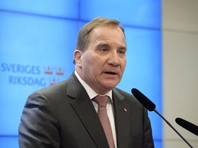 Sweden's Prime Minister Stefan Lofven attends a press conference after his meeting with the Speaker of the parliament Andreas Norlen, in Stockholm,  Monday, Jan. 14, 2019.  The Speaker of the Swedish Parliament Riksdagen will Monday present a proposal to the Riksdag for a candidate for Prime Minister.