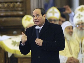 Egyptian President Abdel-Fattah el-Sissi, speaks to Coptic Christians during Christmas Eve Mass at the new "Cathedral of the Nativity of Christ," in the new administrative capital, 40 kilometers (25 miles) east of Cairo, Egypt, late Sunday, Jan. 6, 2019. Egypt's president is inaugurating a new cathedral for the Coptic Orthodox Church and one of the region's largest mosques in a highly symbolic gesture at a time when Islamic militants are known to target the country's minority Christians.