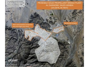 In this Nov. 13, 2018 satellite image from Planet Labs Inc that has been annotated by experts at the Middlebury Institute of International Studies, a suspected Saudi ballistic missile base and test facility is seen outside of the town of al-Dawadmi, Saudi Arabia. A military base deep inside Saudi Arabia appears to be testing and possibly manufacturing ballistic missiles, experts and satellite images suggest, potentially thrusting the kingdom into a weapons program it long has criticized its archrival Iran for possessing. (Planet Labs Inc, Middlebury Institute of International Studies via AP)