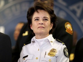 FILE-In this Thursday, Jan. 4, 2018 file photo, Atlanta Police Chief Erika Shields attends a press conference in Atlanta. Legions of police and federal agents will be protecting the stadium as Atlanta hosts Super Bowl 53, but recent attacks in the U.S. and around the world underscore how terrorists are striking less-secure areas outside sports stadiums, arenas and airports, experts say.