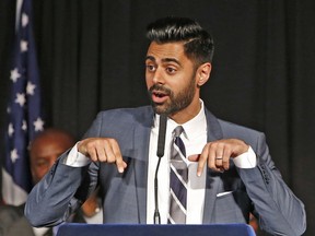 FILE - In this May 10, 2017 file photo, Muslim-American comedian Hasan Minhaj cracks jokes for the audience after New York Mayor Bill de Blasio proclaimed May 10th as "Hasan Minhaj Day," at Gracie Mansion, in New York. In December 2018, Netflix is facing criticism for pulling an episode, from viewing in Saudi Arabia of Minhaj's "Patriot Act" that lambasted Saudi Crown Prince Mohammed bin Salman over the killing of writer Jamal Khashoggi and the Saudi-led war in Yemen.