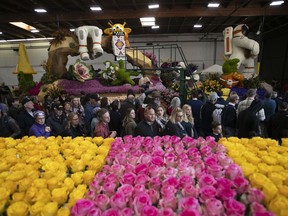 Visitors look at Rose Parade floats Monday, Dec. 31, 2018, in Pasadena, Calif. Final preparations are underway for Pasadena's 130th Rose Parade on New Year's Day, which forecasters say could challenge spectators with chilly and blustery conditions as a cold Santa Ana wind event develops in Southern California.