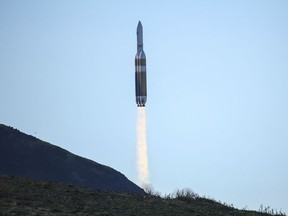 A powerful Delta 4 Heavy rocket carrying a U.S. spy satellite lifts off from Vandenberg Air Force Base in Calif., Saturday, Jan. 19, 2019. The rocket propelled the National Reconnaissance Office satellite at 11:10 a.m. Pacific time, arcing over the Pacific Ocean west of Los Angeles as it headed toward space. The United Launch Alliance Delta 4 Heavy is made up of 3 rocket cores strapped together producing almost 2.2 million pounds of thrust at lift-off.