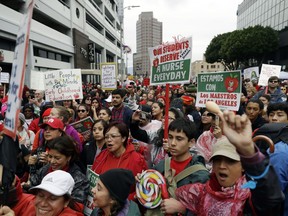 Demonstrators gather during a teachers rally Tuesday, Jan. 15, 2019, in Los Angeles. Teachers in the huge Los Angeles Unified School District walked picket lines again Tuesday as administrators urged them to return to classrooms and for their union to return to the bargaining table.