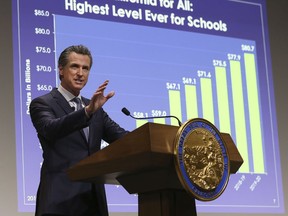 California Gov. Gavin Newsom presents his first state budget during a news conference, Thursday, Jan. 10, 2019, in Sacramento, Calif.