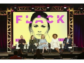 Oliver Lansley, from left, Lydia Wilson, Anna Paquin, Sophie Okonedo and Stephen Moyer participate in the 'Flack' show panel during the Pop TV presentation at the Television Critics Association Winter Press Tour at The Langham Huntington on Wednesday, Jan. 30, 2019, in Pasadena, Calif.