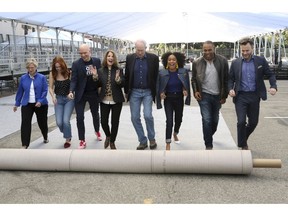 Lisa Burns, from left, Elizabeth McLaughlin, Anthony Carrigan, Kathy Connell, Daryl Anderson, Yara Shahidi, Jason George and JD Heyman roll out the carpet at the 25th annual SAG Awards - Silver Carpet Roll Out event at the Shrine Auditorium and Expo Hall on Friday, Jan. 25, 2019, in Los Angeles.