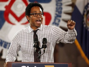 FILE - In this Oct. 31, 2018, file photo, Democratic candidate for St. Louis County prosecuting attorney Wesley Bell speaks during a campaign rally in Bridgeton, Mo. Wesley, the New St. Louis County prosecuting attorney, on his second day in office, has fired the veteran assistant prosecutor who was largely responsible for presenting evidence to the grand jury that declined to indict the white Ferguson police officer who fatally shot Michael Brown in 2014.