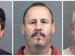 FILE - This combination of Oct. 14, 2016, file booking photos provided by the Sedgwick County Sheriff's Office in Wichita, Kan., shows from left, Patrick Stein, Curtis Allen and Gavin Wright, three members of a Kansas militia group who were charged with plotting to bomb an apartment building filled with Somali immigrants in Garden City, Kan. The three militia men could face life in prison for a foiled plot to blow up a mosque and apartments housing Somali immigrants in Kansas. A federal judge will sentence Stein, Wright and Allen on Friday, Jan. 25, 2019. (Sedgwick County Sheriff's Office via AP, File)