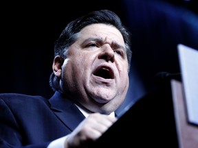 FILE - In this Nov. 6, 2018 file photo, Illinois Democratic gubernatorial candidate J.B. Pritzker speaks after he is elected over Republican incumbent Bruce Rauner in Chicago. Pritzker and Lt. Gov.-elect Juliana Stratton will be sworn in Monday, Jan. 14, 2019 in Springfield, Ill. Other constitutional officers _ all Democrats _ also will be inaugurated. Democrats also hold majorities in the Illinois House and Senate.
