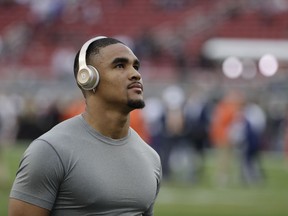 Alabama's Jalen Hurts looks around Levi's Stadium before the NCAA college football playoff championship game against Clemson Monday, Jan. 7, 2019, in Santa Clara, Calif.