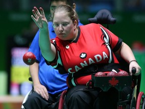 Canadian boccia player Alison Levine competes at the Carioca Arena during the 2016 Paralympic Games in Rio de Janiero, Brazil, Sept.13, 2016.