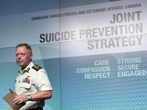 Chief of the Defence Staff Jonathan Vance arrives for a press conference on the Joint Suicide Prevention Strategy, in Ottawa on October 5, 2017. The Canadian Forces saw more than a dozen service members take their own lives last year even as it was implementing a new strategy aimed at preventing such tragedies. New figures from the Department of National Defence show 15 members of the Canadian military killed themselves in 2018 -- one less than the previous year.