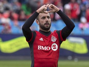 Toronto FC's Victor Vazquez celebrates scoring against the Chicago Fire during first half MLS soccer action in Toronto on Saturday, April 28, 2018. Toronto FC announced Monday that they are selling Vazquez.