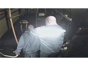 Bus driver Irvine Fraser (right) and passenger Brian Thomas are shown in Winnipeg in this 2017 still image from security video submitted into court as evidence. Crown prosecutors have argued security camera footage shown in a Winnipeg courtroom depicts the moments bus driver Fraser confronted a passenger on Feb. 14, 2017 before he was killed. Thomas is on trial for second-degree murder in the death.