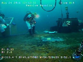 A still image from video footage showing the Manolis L under going a technical assessment is shown in this undated handout. Federal officials say crews removed more oil than expected from a decades-old shipwreck off Newfoundland. The Canadian Coast Guard said Thursday about 208,769 litres of oil were removed from the Manolis L last summer in Notre Dame Bay -- enough to fill 1,313 oil barrels.