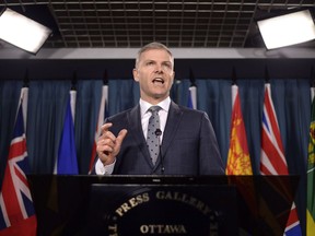 Tim McMillan, Canadian Association of Petroleum Producers President and CEO, speaks during a press conference on Parliament Hill in Ottawa on February 26, 2018. Canada's energy industry has released what it wants to see from Alberta politicians as they head into an expected spring election. In a platform released this morning, the Canadian Association of Petroleum Producers says politicians should enact policies that will double the industry's growth rate by 2020.