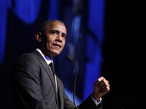 Former President Barack Obama accepts the Robert F. Kennedy Human Rights Ripple of Hope Award at a ceremony in New York on December 12, 2018. Former United States president Barack Obama will be speaking in Calgary later this year. Special events company tinePublic says Obama will take the stage at the Scotiabank Saddledome on March 5.