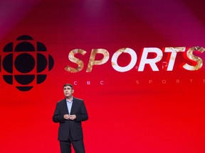 Greg Stremlaw, head of CBC Sports, speaks during the CBC upfront showcasing the CBC 2017-18 fall/winter lineup in Toronto on May 24, 2017. CBC Sports executive Greg Stremlaw will be leaving the corporation later this month to become the chief executive officer and president of an unnamed professional sports franchise. Details on his new position won't be available until the team makes a formal announcement on Monday, according to a memo sent to CBC staff.