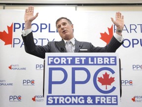Maxime Bernier speaks at a People's Party of Canada rally in Gatineau, Que., on November 20, 2018. Maxime Bernier says the policies of his new political party will not include anything to do with abortion or gender identity. Bernier is defending the appointment of former Christian talk show host Laura-Lynn Tyler Thompson to be the first candidate for the People's Party of Canada, which he founded after parting ways with the Conservative Party in August.