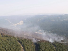 The Philpot Road wildfire is seen along a hillside just outside of Kelowna, B.C., on August 28, 2017. New research from Environment Canada says climate change at least doubled the risk for British Columbia's record-setting 2017 wildfire season. The newly published study adds that global warming likely increased the amount of land scorched in the fires by up to 11 times.