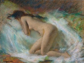 Marc-Aurele de Foy Suzor-Cote's "Kneeling Nude in Profile or Sleeping Muse, 1921," pastel, 21,4 x 27 cm, is shown in this undated handout photo. A new exhibition is unveiling once-repressed depictions of nude models from the late 19th and early 20th centuries, laying bare taboos about an artistic tradition that continues to resonate in the present day, a curator says. "A Model in the Studio" opens at the Montreal Museum of Fine Arts on Tuesday, featuring drawings, sketches and sculptures of live models in various states of undress rendered between 1880 and 1950 by more than 30 artists with ties to the city.