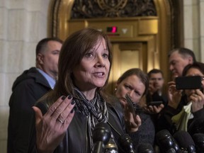 General Motors CEO Mary Barra speaks to reporters after a meeting with Sen. Sherrod Brown, D-Ohio, and Sen. Rob Portman, R-Ohio, to discuss GM's announcement it would stop making the Chevy Cruze at its Lordstown, Ohio, plant, part of a massive restructuring for the Detroit-based automaker, on Capitol Hill in Washington, Wednesday, Dec. 5, 2018. Canada's industry minister will meet with General Motors CEO Mary Barra on Monday to urge her to find a solution for the auto giant's soon-to-be-shuttered plant in Oshawa. Ontario.