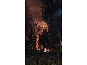 Smoke and flames are seen rising from a fire near to the Kinder-Morgan fuel tank farm in Burnaby, B.C., in a Saturday, Jan. 19, 2019, handout photo.