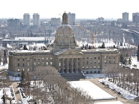 The Alberta Legislature is shown in Edmonton, Alta., on March 28, 2014. The case of a former Alberta politician accused of sex charges involving a minor is scheduled to be in Red Deer, Alta., court today. Don MacIntyre, who is 63, resigned in February of last year after he was charged with sexual assault and sexual interference. He had represented the central Alberta seat of Innisfail-Sylvan Lake for the United Conservative Party.