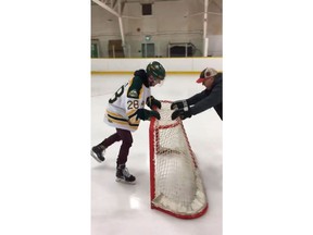 Layne Matechuk, 18, shown in this still image taken from a video posted online, returned to the ice for the first time on Jan. 8 after suffering a brain injury in the Humboldt Broncos bus crash last April. Matechuk, 18, was injured in April when a transport truck and the bus carrying his junior hockey team collided at a rural intersection in Saskatchewan.