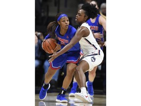 Connecticut's Christyn Williams, right, pressures SMU's Ariana Whitfield during the first half of an NCAA college basketball game Wednesday, Jan. 23, 2019, in Storrs, Conn.