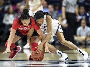 Cincinnati's Angel Rizor (4) and Connecticut's Mikayla Coombs (4) reach for the ball during the first half of an NCAA college basketball game Wednesday, Jan., 2019, in Storrs, Conn.