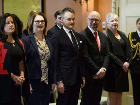 Veterans Affairs Minister Jody Wilson-Raybould (left to right), Treasury Board President Jane Philpott, Indigenous Services Minister Seamus O'Regan, Justic Minister David Lametti and Minister of Rural Economic Development Bernadette Jordan attend a swearing in ceremony at Rideau Hall in Ottawa on Monday, Jan. 14, 2019.